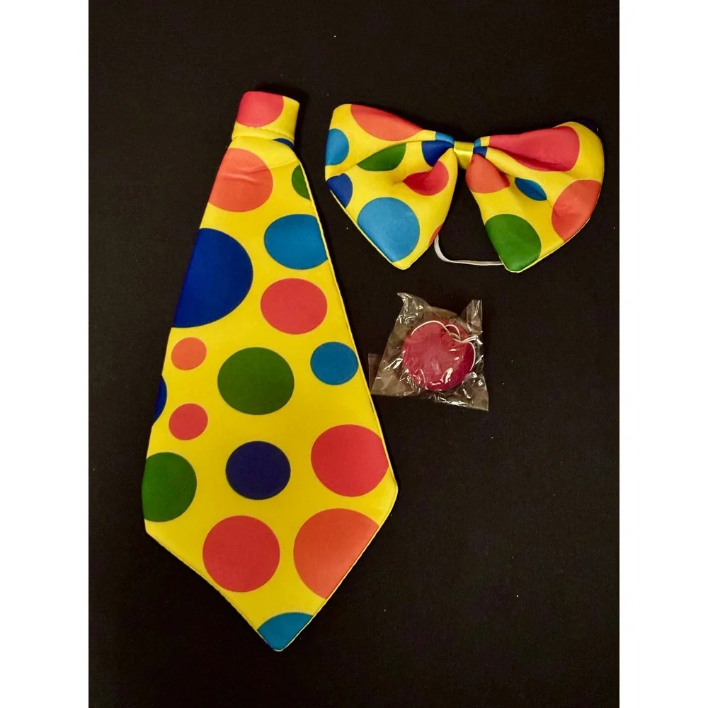 Clown Costume Accessory Set Polka Dot Top Hat Necktie Bow Tie Red Nose Halloween